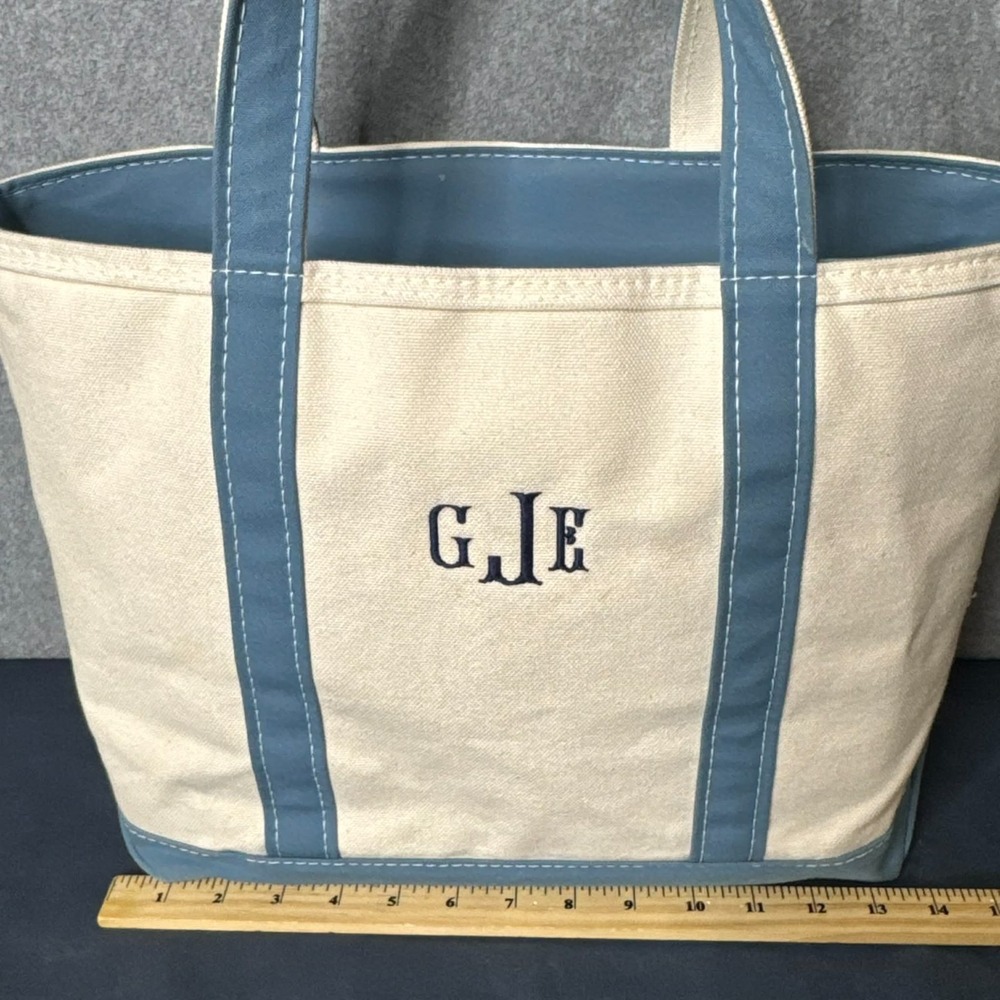 L.L. Bean Boat And Tote Bag Medium Blue Canvas USA Monogram Preppy Coastal - Picture 9 of 15